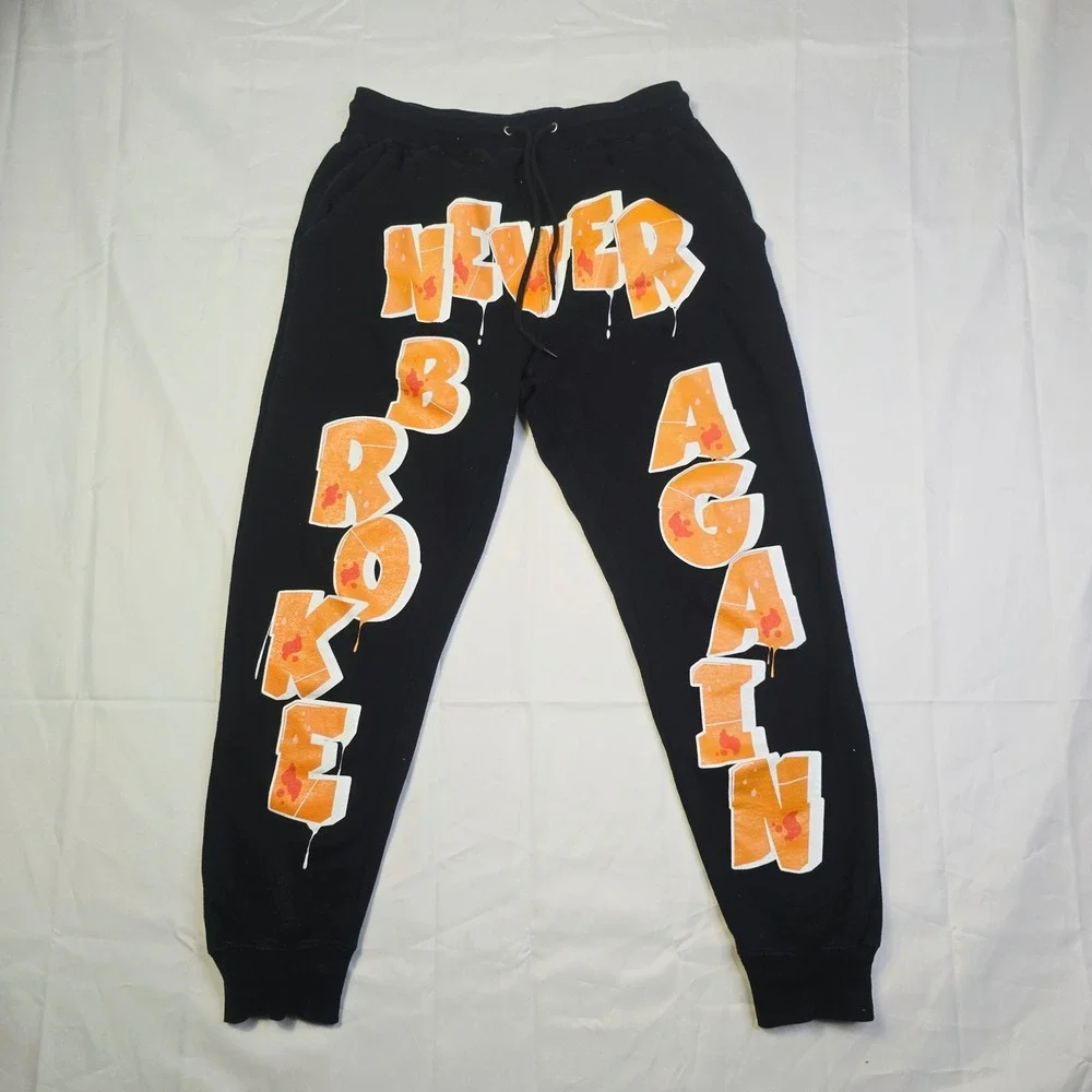 Never Broke Again Me'ns Joggers Size Small Black Orange Graffiti Graphic T6